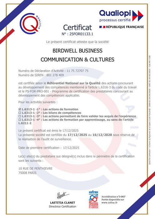 certificat Qualiopi de Birdwell Business Communication & Cultures